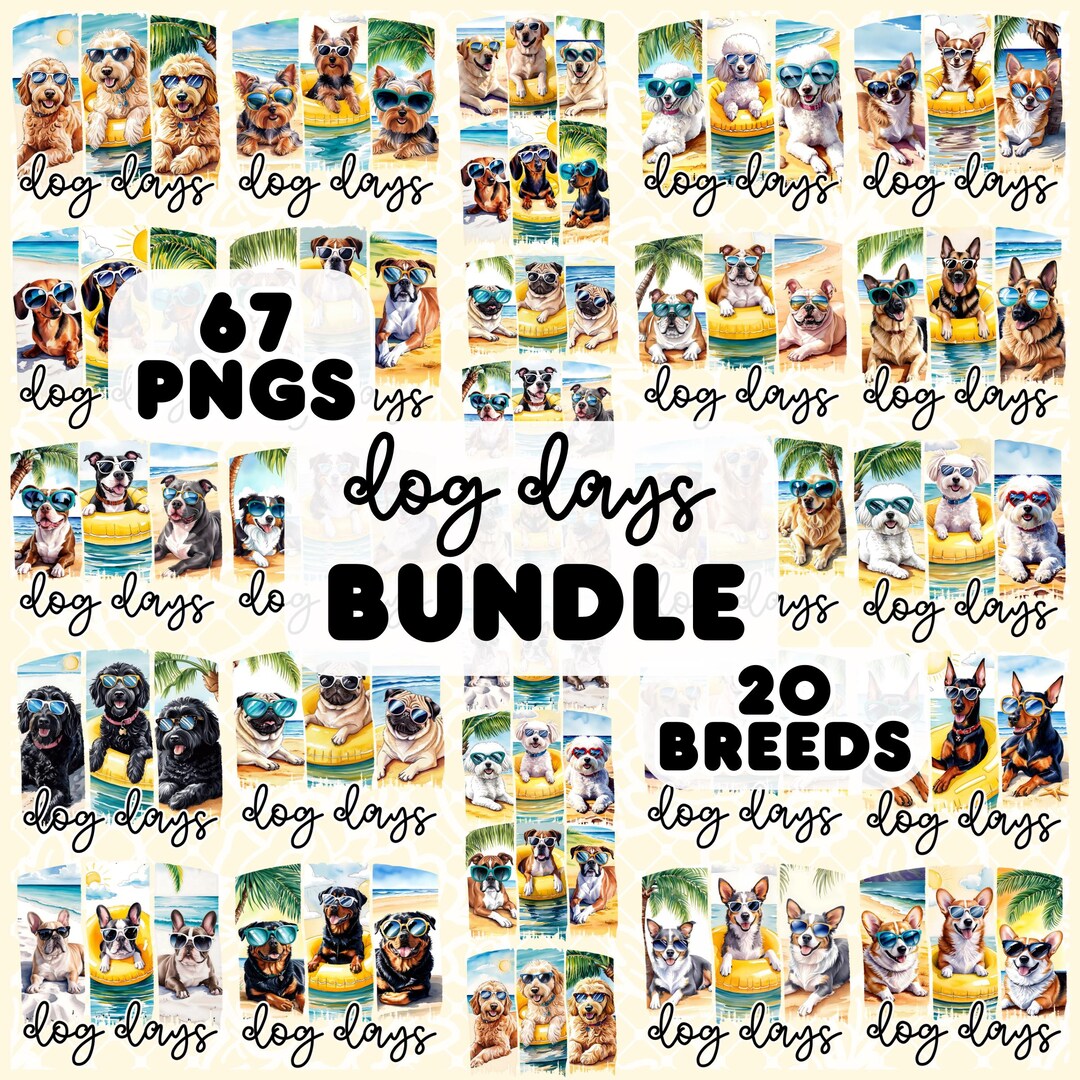 Dog Breeds in Sunglasses PNG Bundle: Watercolor Summer Clipart (digital ...