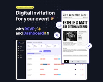 May include: A screenshot of a computer screen showing a website for creating digital invitations. The website has a dashboard with a list of guests, a section for RSVPs, and a section for creating the invitation. The invitation is a newspaper-style design with a black and white photo of a couple and the text "The Wedding Post" and "Estelle & Matt Are Getting Married".