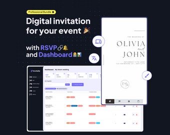 May include: A screenshot of a computer screen showing a digital invitation for a wedding. The invitation is for Olivia and John and is set for Saturday, June 11th. The invitation is white with black text. The screen also shows a dashboard with a list of guests and RSVPs.