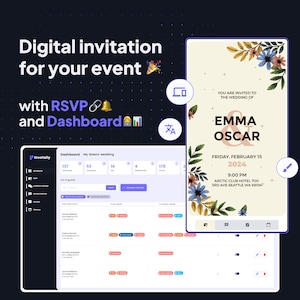 Faire-part de mariage numérique et RSVP - Mini site Web de mariage - Polices de caractères modernes - Minimaliste - Tableau de bord pour le suivi