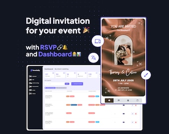 May include: A digital invitation for an event with a dashboard to track RSVPs. The invitation features a photo of a couple in front of a brown background with stars. The text on the invitation reads "You are invited to the wedding of Thomas & Celine, 28th July 2026, 7 PM - 11 PM, 123 Anywhere, ST, Any City, ST 12345."