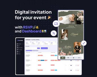 May include: A screenshot of a computer screen showing a dashboard for a wedding event. The dashboard shows the number of guests invited, the number of guests who have RSVP'd, and the number of guests who have declined. The dashboard also shows a list of guests and their RSVP status. The dashboard is titled "My dream wedding".