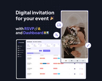 May include: A screenshot of a computer screen showing a digital invitation for a wedding. The invitation is for a couple named "Maron & Juliana". The invitation is customizable and includes a dashboard for tracking RSVPs.