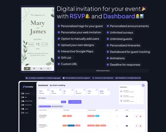 May include: A screenshot of a website for creating digital invitations and managing RSVPs. The website features a sample wedding invitation with a green and white floral design. The website also includes a dashboard with a list of guests, RSVPs, and other event details.