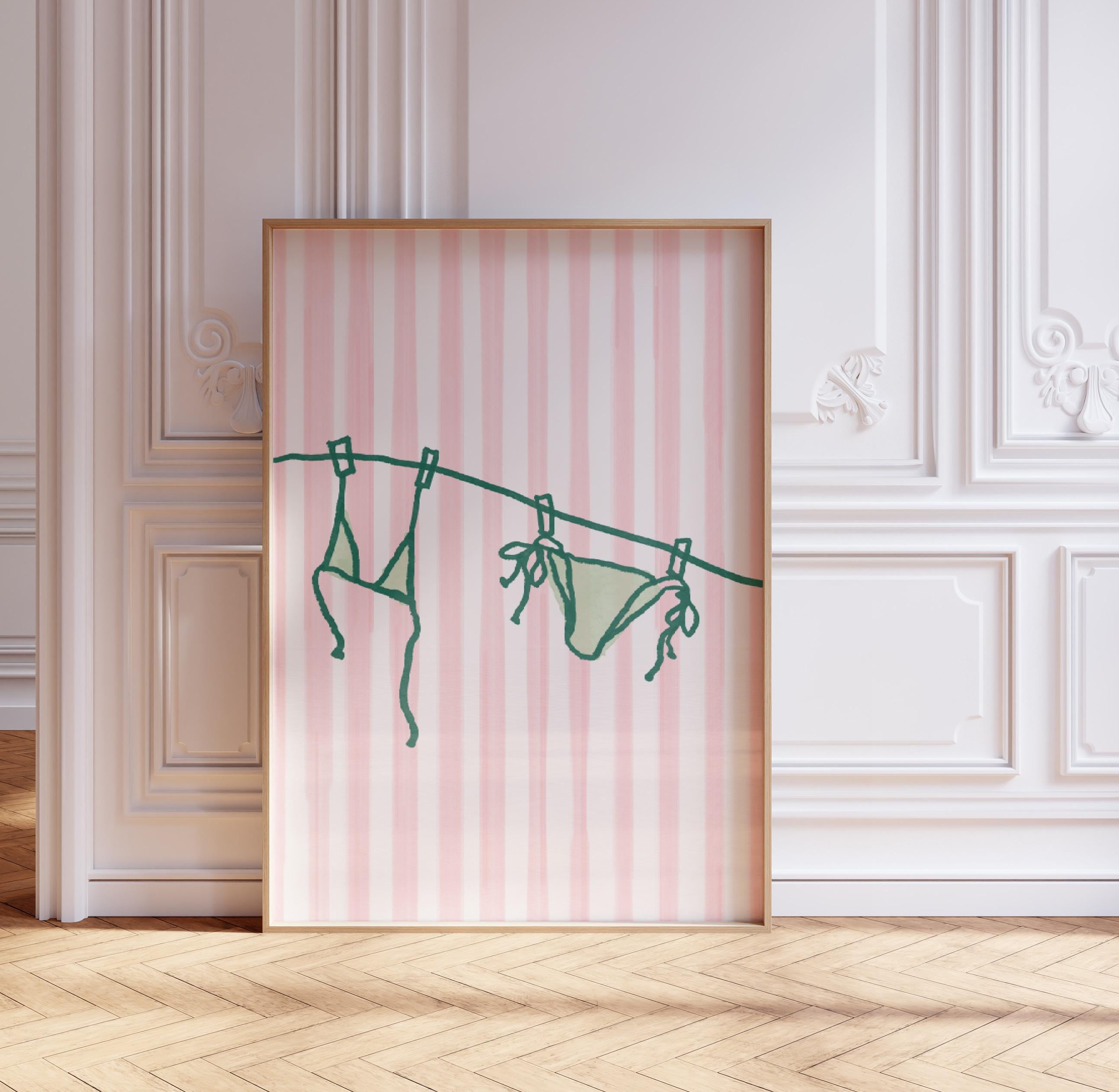 Striped Bikini East Coast Endless Summer Print | Coastal Wall Art | Pink and Green Preppy Decor | Digital Download