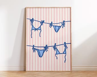 Navy Bikini Poster | East Coast Print | Pink Pastel Stripes Decor | Trendy Printable Wall Art
