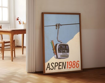 Retro Aspen Ski Lift Wall Art | Vintage Skiing Poster | 80s Magazine Print | Trendy Colorado Apres Ski Decor | Blue Art | Instant Download