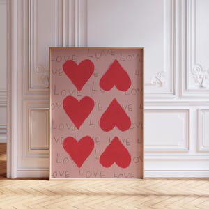 Love Poster, Retro Red Hearts Print, Vintage Poster, Pink Wall Art, Aesthetic Print, Soulmate Poster, Love Letter Poster, Trendy Print