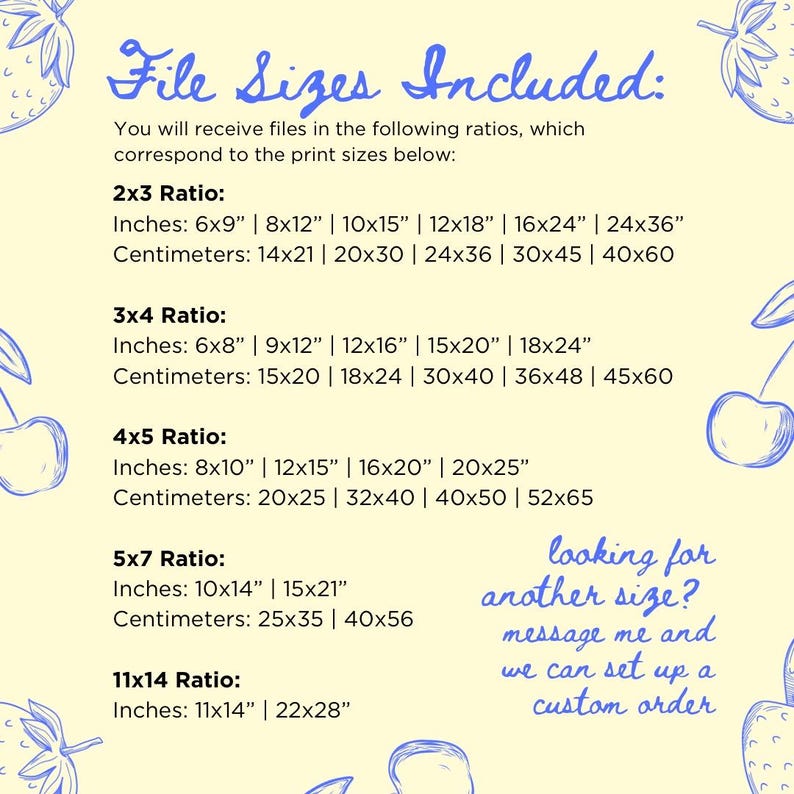 May include: A yellow and white graphic with a list of file sizes included in different ratios. The graphic features a strawberry and a cherry on either side of the text. The text includes the following ratios: 2x3, 3x4, 4x5, 5x7, and 11x14. The text also includes the corresponding measurements in inches and centimeters for each ratio.