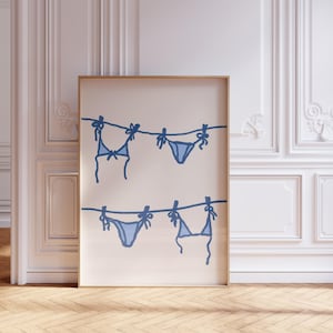 Download digitale di bikini con stampa blu navy, rosa pastello, a righe, casa sulla spiaggia, arte costiera