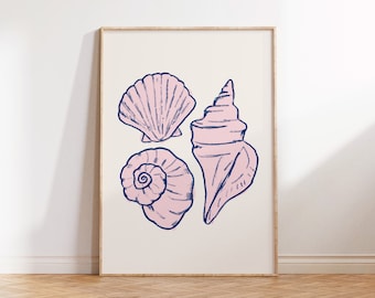 Navy and Light Pink Hand Drawn Seashell Print | Beachy Coastal Wall Art | Navy Beach House Decor | Minimalist Summery Print Digital Download