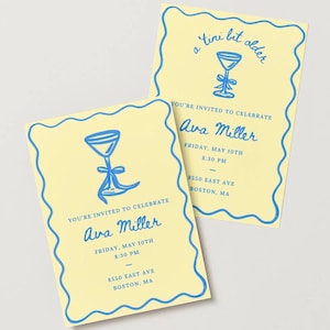 Plantilla de invitación para fiesta de martini, cumpleaños azul moderno dibujado a mano, invitación colorida escrita a mano, ilustración de lazo de martini, caprichosa y peculiar