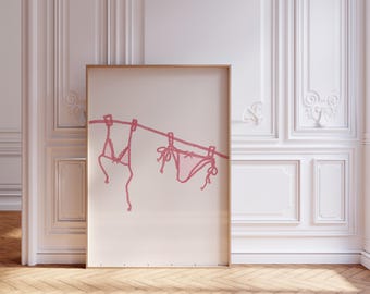 Pretty Pink Bikini Drawing Print | Cute Girly Coastal Wall Art | Beachy Summer Decor | Pink Beach House Bedroom Print | Bow Digital Download