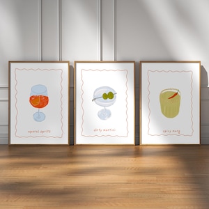 Set van 3 rode cocktailprints | Handgetekende barmuurkunst | Pittige Marg Dirty Martini Aperol Spritz | Trendy keukendecor | Digitale download