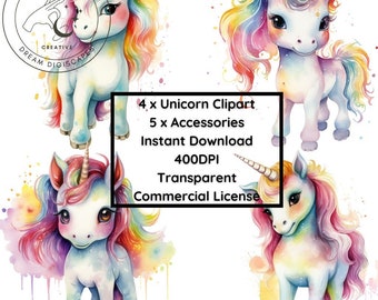 Watercolor Unicorn, Rainbow and Cloud Set, for Tumblers, Tshirt, Invites 400DPI | Commercial Use, Instant Download | Transparent x 9 Images