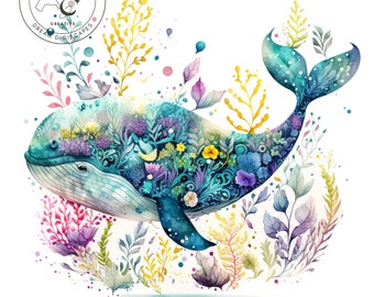 Whale Clipart, Sea Animals Clipart - Under The Sea PNGs, Watercolor Sea Animals Clipart, Ocean Animals Clipart, Underwater Animals PNG