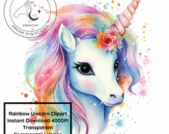 Acuarela Unicornio Cosmic Rainbow Clipart, para vasos, camiseta, invita 400DPI / PNG, uso comercial, descarga instantánea / transparente