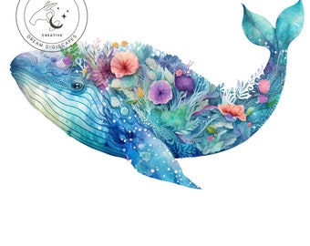 Whale Clipart, Sea Animals Clipart - Under The Sea PNGs, Watercolor Sea Animals Clipart, Ocean Animals Clipart, Underwater Animals PNG