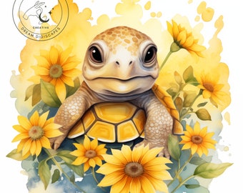 Watercolour Floral Sea Turtle Clipart, for Sublimation Tumblers, Wall Art, PNG Format - Instant Download for Commercial Use 400DPI