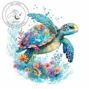 Aquarel bloemen zeeschildpad clipart, voor sublimatie tuimelaars, kunst aan de muur, PNG-formaat Instant Download voor commercieel gebruik 400DPI afbeelding 1