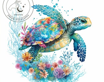 Clipart de tortuga marina floral de acuarela, para vasos de sublimación, arte de pared, formato PNG - Descarga instantánea para uso comercial 400DPI