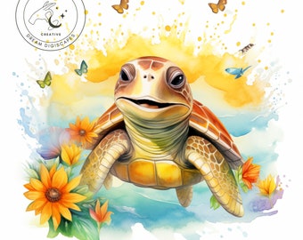 Clipart floral aquarelle tortue de mer, pour gobelets à sublimation, art mural, Format PNG - téléchargement immédiat 400 ppp, images transparentes incl.