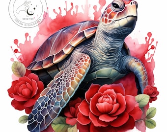 Clipart floral aquarelle tortue de mer, pour les gobelets à sublimation, art mural, Format PNG - téléchargement immédiat pour un usage commercial 400 DPI