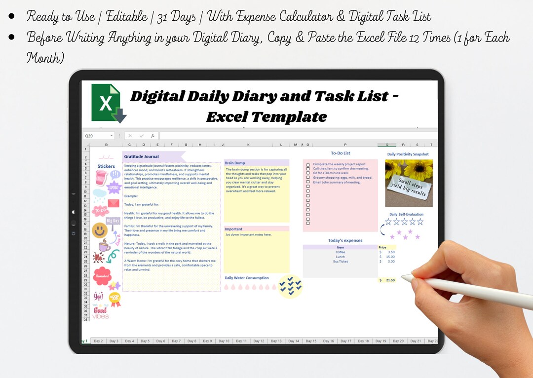 Digital Diary Excel Template Daily Task List Template to Etsy