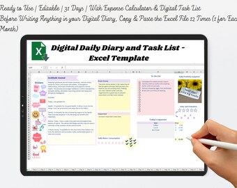 Digital Diary Excel Template | Daily Task List Template | To Do List Template | ADHD Planner | Planner Daily List | Gratitude Planner