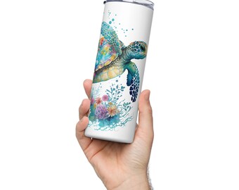 Sea Turtle Tumbler - Watercolor Floral Turtle Clipart Design 20oz