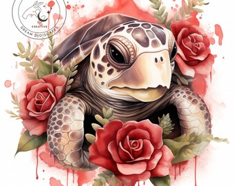 Clipart de tortuga marina floral de acuarela, para vasos de sublimación, arte de pared, formato PNG - Descarga instantánea para uso comercial 400DPI