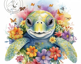 Clipart de tortuga marina floral de acuarela, para vasos de sublimación, arte de pared, formato PNG - Descarga instantánea para uso comercial 400DPI