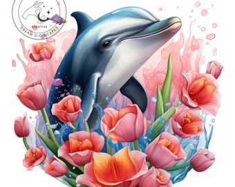 Clipart dauphin d'art floral aquarelle | Gobelets à sublimation, t-shirts, oeuvres d'art murales | Téléchargement instantané | 400 ppp haut de gamme, images transparentes incluses