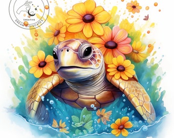 Aquarel bloemen zeeschildpad clipart, voor sublimatie tuimelaars, kunst aan de muur, PNG-formaat - Instant Download 400DPI, transparante afbeeldingen incl.