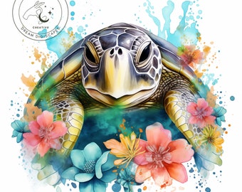 Watercolour Floral Sea Turtle Clipart, for Sublimation Tumblers, Wall Art, PNG Format - Instant Download for Commercial Use 400DPI