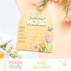 May include: An arched wooden birth announcement sign featuring the white 3D text "hello WORLD" at the top. Below the text, engraved lines provide spaces for Name, Date, Time, Weight, and Height. The sign is decorated with pastel-coloured floral and butterfly cutouts.