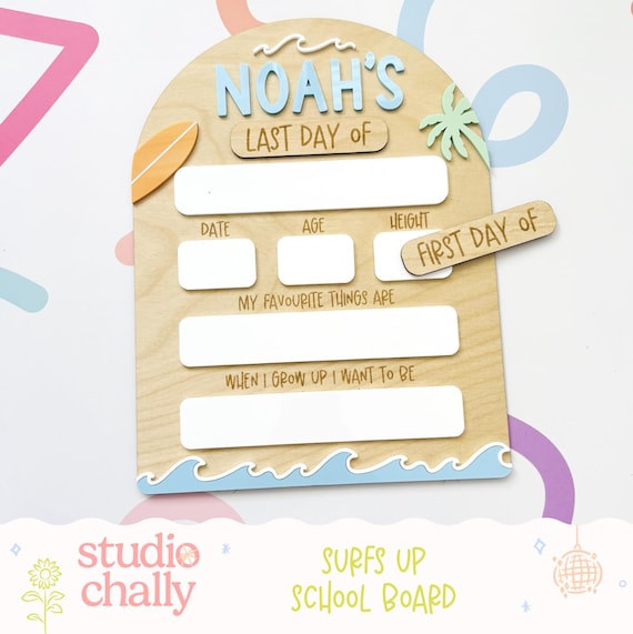 Personalised Surf Back to School Board | First & Last Day School Sign | Kids School Photo Prop