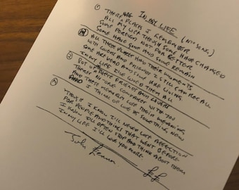 John Lennon handwritten IN MY LIFE lyrics with reprinted autograph
