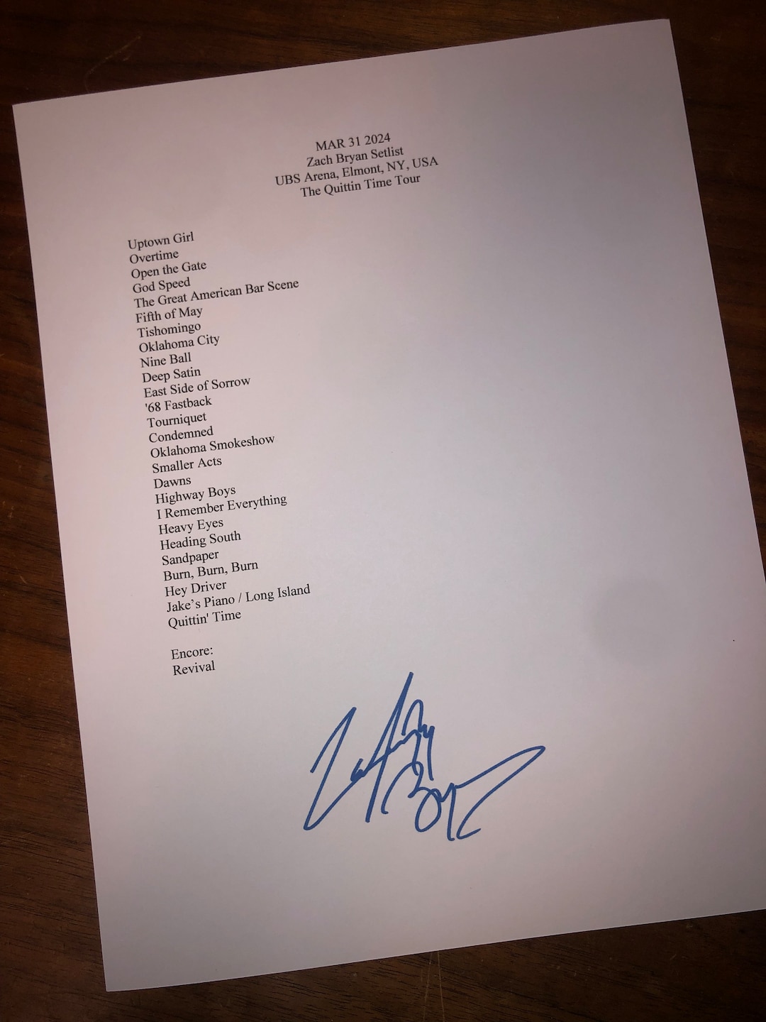 Zach Bryan Signed Reprinted Setlist 2025 Quitting Time Tour Reprint