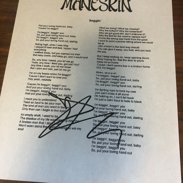 Maneskin signed Beggin' lyics reprinted Damiano David autograph