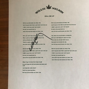 May include: A printed page featuring the text "WILLIE NELSON ROLL ME UP" with lyrics and a signature. The design includes a cannabis leaf graphic. The paper is on a wooden surface.