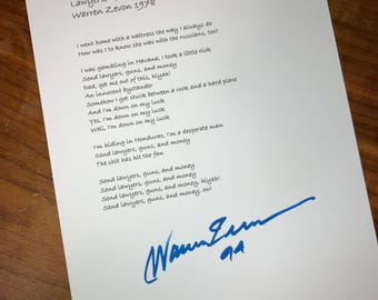 Warren Zevon LAWYERS GUNS and MONEY lyrics reprint autograph