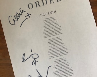 New Order lyrics TRUE FAITH signed 3X by band reprinted autograph