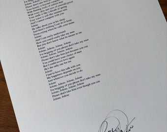 Dolly Parton Joline lyrics with reproduction autograph