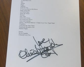 Olivia Newton John signed reprint setlist from 2012 Sydney Australia