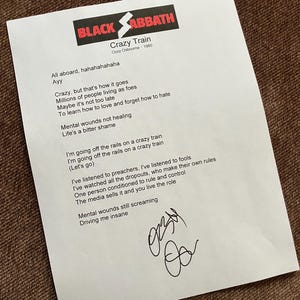 Black Sabbath CRAZY TRAIN lyrics signed Ozzy Osbourne reprint autograph