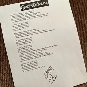 No More Tears lyrics signed Ozzy Osbourne reprint autograph