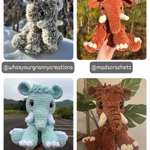 May include: Four crocheted elephant plushies in various colors: gray, orange, light blue, and brown. Each elephant has large ears, a trunk, and white tusks. The plushies are handmade and feature detailed stitching.