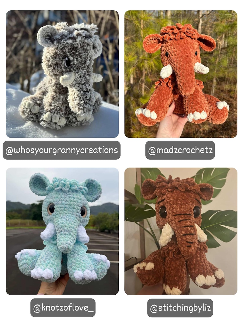May include: Four crocheted elephant plushies in various colors: gray, orange, light blue, and brown. Each elephant has large ears, a trunk, and white tusks. The plushies are handmade and feature detailed stitching.