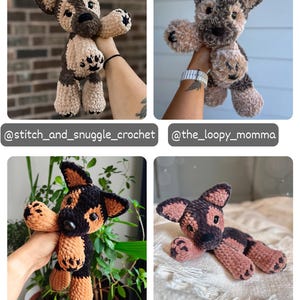 May include: A collection of four plush dog toys crafted from soft yarn. Each toy features pointed ears, dark eyes, and paw pads with stitched details. The dogs are rendered in various color combinations including brown, black, and tan, showcasing different textures.